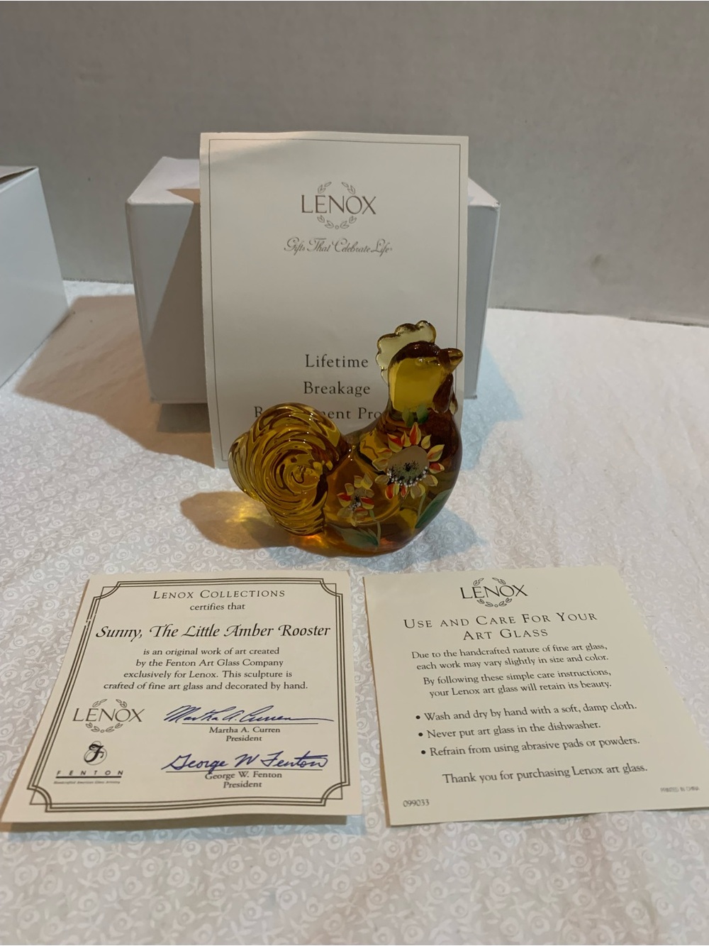 Fenton Lenox Amber Glass Rooster Figurine Sunflower Hand Painted Signed M.